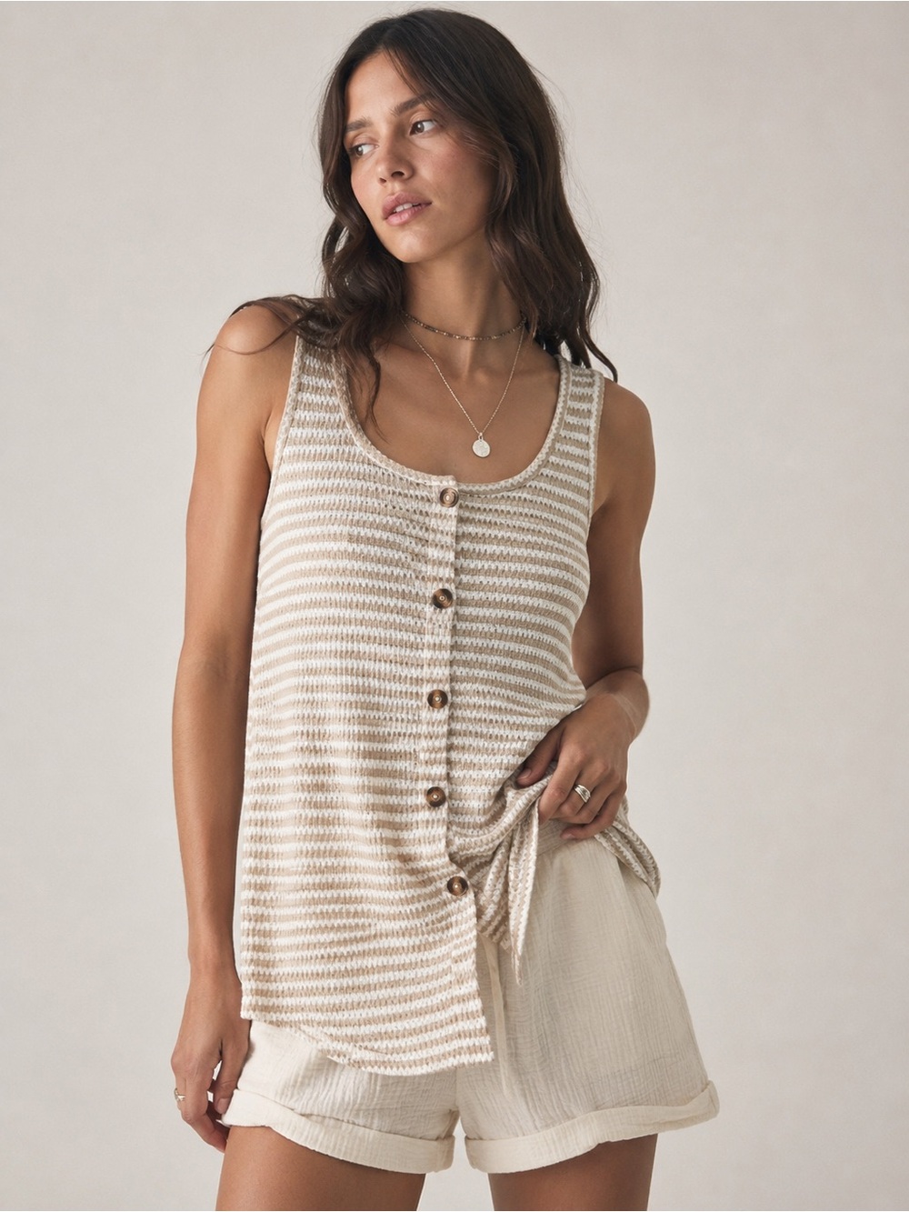 Beige Stripe Knit Tank Top Size 12 Boho Coastal